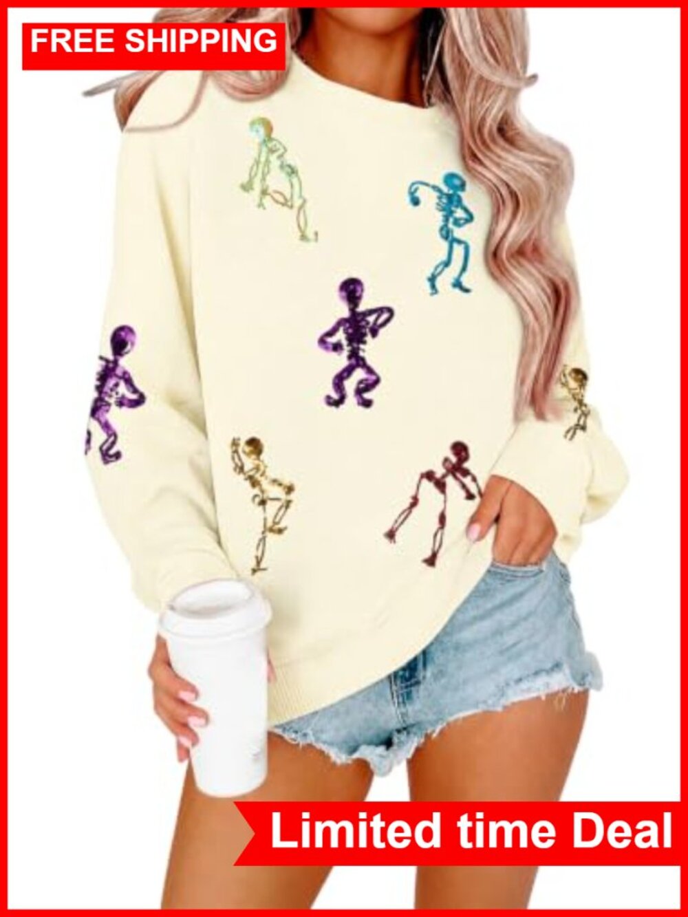 Halloween Sequin Skeleton Sweatshirt for Women Crewneck Long Sleeve